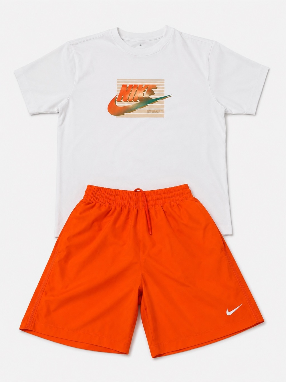 Nike White Tee with Orange Swoosh & Bright Orange Athletic Shorts